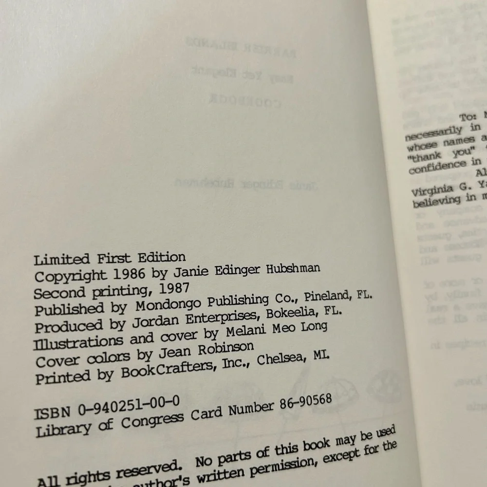 Limited First Edition 1986 Barrier Islands Easy but Elegant Cookbook.